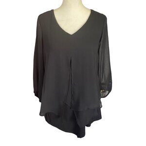 Apt. 9 women's black v-neck long sleeve pullover blouse tank style sheer overlay